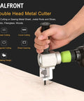 Person using All In One Heavy Duty Dual Head Nibbler And Cutter Drill Attachment on metal sheet, portable electric cutter shown.