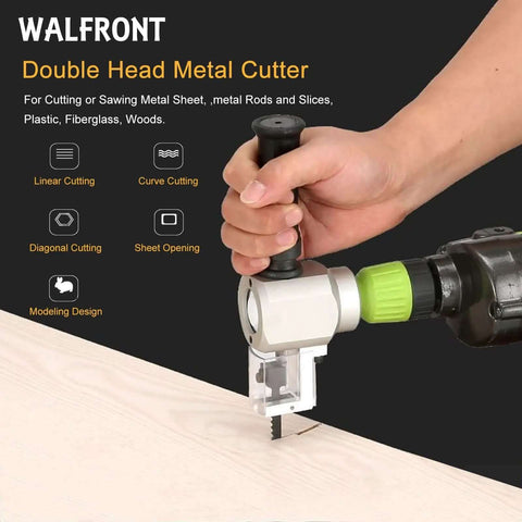 Person using All In One Heavy Duty Dual Head Nibbler And Cutter Drill Attachment on metal sheet, portable electric cutter shown.