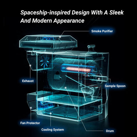 Roll With This Dope Electric Coffee Bean Roaster Bringing You 500g Capacity Smokeless Operation And A Glass Viewing Window For Effortless Home Roasting Vibes, featuring a spaceship-inspired design.