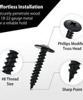 Heavy Duty Tough As Nails Black Oxide Modified Truss Head Wood Screws Set 100 Pack With Three Sizes One Half Inch Three Quarter Inch And One Inch Number Eight Carbon Steel Phosphate Coated Sharp Tips For Wood And Light Metal DIY Carpentry Essentials with Phillips head and sharp point.