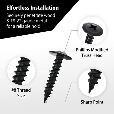 Heavy Duty Tough As Nails Black Oxide Modified Truss Head Wood Screws Set 100 Pack With Three Sizes One Half Inch Three Quarter Inch And One Inch Number Eight Carbon Steel Phosphate Coated Sharp Tips For Wood And Light Metal DIY Carpentry Essentials with Phillips head and sharp point.