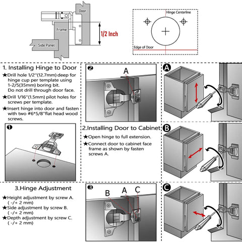 Installation guide for Slam Free Soft Close Cabinet Hinges Pair 1-1/2 Inch Overlay Face Frame with adjustment details.