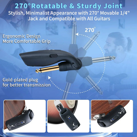 2.4GHz Wireless Guitar System With Plug And Play Rechargeable Transmitter And Receiver, 270 Degree Rotatable, Ergonomic Design