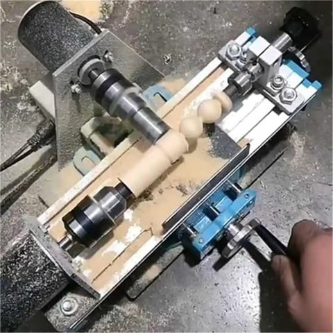 SiCWedIm Bench Drill Precision DIY Wood Beads Lathe 400W High Speed Micro Metal Turning Machine setup showing wood shaping in action.