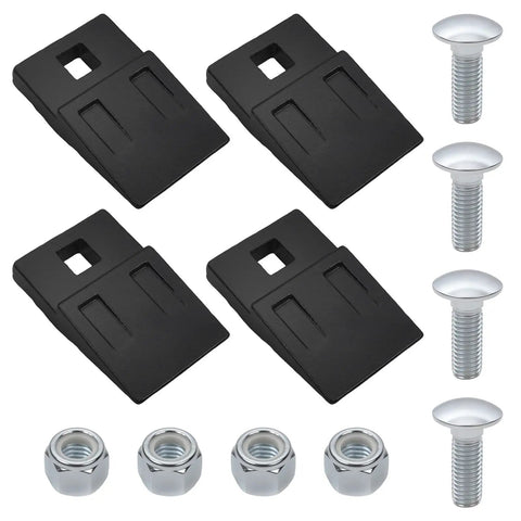 4 Pack 3 Point Auger Teeth Replacement For Most Heavy Duty 3 Point Tractor Post Hole Digger Augers Bits With Bolts And Built In Nylon Lock Nuts 3.2 By 2 Inches Compatible With Flat Two Hole Blades, showing four black blades, bolts, and nuts.