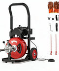 High Performance 750W Auto Feed Electric Drain Tool With 100 Feet Of Beefy Steel Wire And Six Piercing Heads, detailed view with attachments.