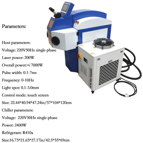 Jewelry Spot Welder 220V 200W Welding Machine With 2400W Chiller, touch screen and ARM system, for precision repair, blue and white unit.
