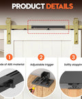 Silent Soft Close Barn Door Hardware Kit With Adjustable Stopper And Damper For Sliding Doors Between 88 And 132 Pounds Universal Top Track Fit No Drilling Required Includes Two Spacers Black Finish product details showing ABS material, adjustable trigger, and soft stopping mechanism.