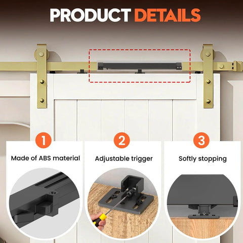 Silent Soft Close Barn Door Hardware Kit With Adjustable Stopper And Damper For Sliding Doors Between 88 And 132 Pounds Universal Top Track Fit No Drilling Required Includes Two Spacers Black Finish product details showing ABS material, adjustable trigger, and soft stopping mechanism.