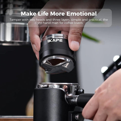 Person using 53mm Coffee Distributor And Hand Tamper With Adjustable Depth For Espresso Fits 53mm And 54mm Portafilters