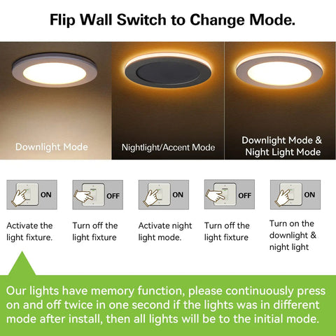 Infographic showing modes of Six Pack LED Recessed Ceiling Lights With Night Light Dope Color Rendering High CRI90 1200 Lumens 14W lights.