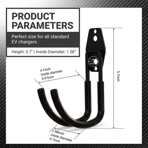 Heavy Duty EV Charger Wall Mount Cuts The Clutter And Secures Charging Cables For Totally Hassle Free Indoor Or Garage Storage Setup Iron J Hook Holder with product dimensions.