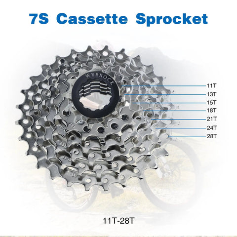 Bike Cassette Sprocket 7 Speed 11-28T for Mountain Bike MTB Accurate Shifts displayed with labeled gear teeth