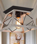 Rustic Farmhouse Flush Mount Ceiling Light Fixture With Wrought Iron Oak White Accents And ORB Details in hallway