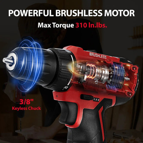 Brushless Cordless Drill Kit With 12V Max Power, 310 In Lbs Torque, showing 3/8 Inch Keyless Chuck and brushless motor