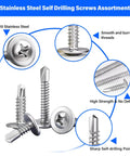 No Nonsense Heavy Duty 450 Piece Stainless Steel Self Drilling Screws Assortment Kit showing 410 stainless steel screws with sharp tips.