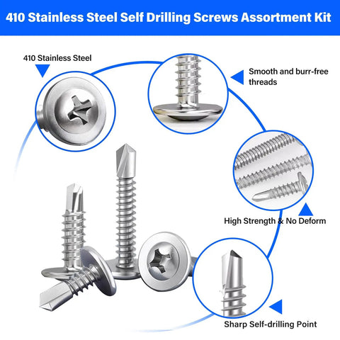 No Nonsense Heavy Duty 450 Piece Stainless Steel Self Drilling Screws Assortment Kit showing 410 stainless steel screws with sharp tips.