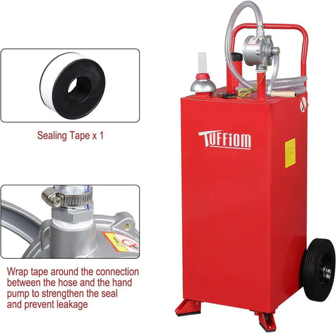 30 Gallon Portable Heavy Duty Gas Caddy With Wheels, Fuel Storage Tank for Gasoline and Diesel, siphon pump shown