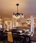 6 Light Modern Farmhouse Black Chandelier in a dining room with adjustable height, clear glass shades, kitchen island fixture