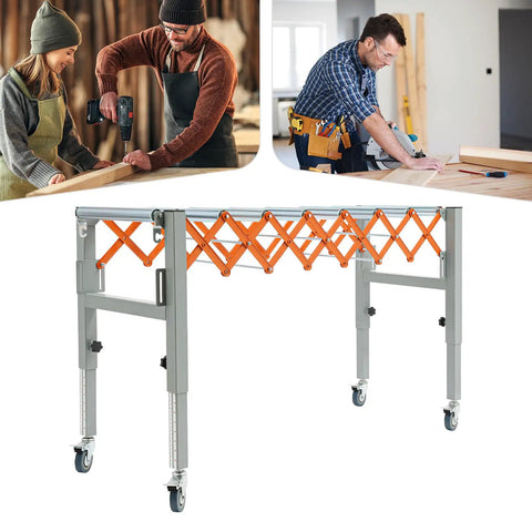 Conveyor Roller Stand Table With Adjustable Infeed And Outfeed For Smooth Material Flows, Mobile Wheel Base, Flexible Rollers