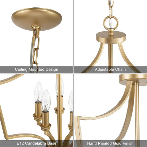 Details of Five Light Gold Pendant Chandelier For Dining Room Living Room Bedroom And Kitchen Island With Modern Style And Vintage Gold Finish