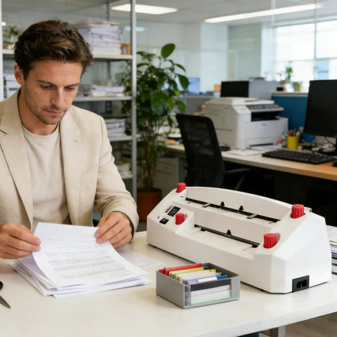 Office setting with Automatic Nine-Blade Business Card Cutter for 3.5 by 2 inch biz cards, handling 0.4mm non-laminated stock.