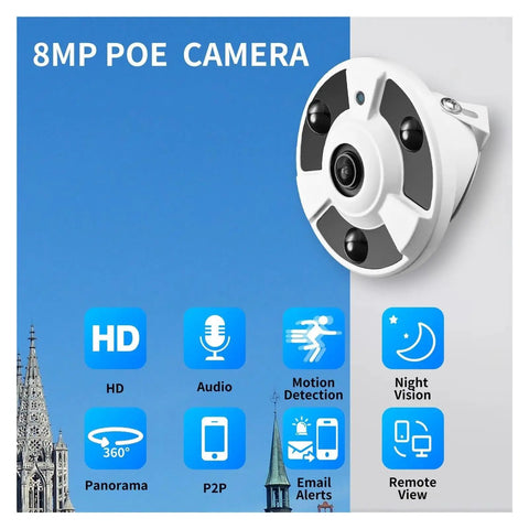 Dead Set Solid 8MP Wired Security Camera With Quick Face Detection Plus Super Crisp 4K Night Vision And A Massive Total 180 Degree Panoramic Lens View System Forever mounted outdoors with icons for features.