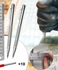 Top Tier Two Pack Tungsten Carbide Scribe Pens With A Freaking Strong Magnet And Steel Rule Including Ten Spare Tips For Quick Layouts And No Drama Metal Marking On Job Sites Everywhere. Image shows two scribe pens, 15cm ruler, and spare tips.