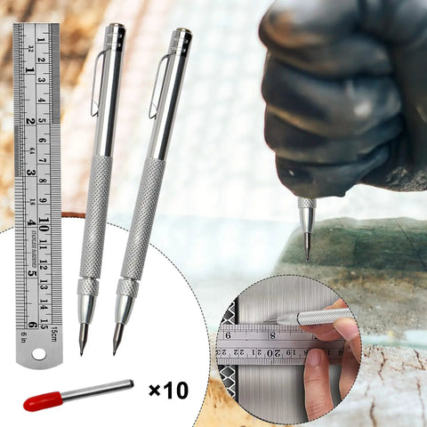 Top Tier Two Pack Tungsten Carbide Scribe Pens With A Freaking Strong Magnet And Steel Rule Including Ten Spare Tips For Quick Layouts And No Drama Metal Marking On Job Sites Everywhere. Image shows two scribe pens, 15cm ruler, and spare tips.