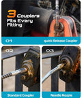 Different couplers of the Cordless Electric Grease Gun Kit With 10000 PSI Output Quick Release Coupler 39.4 Inch Flex Hose shown.