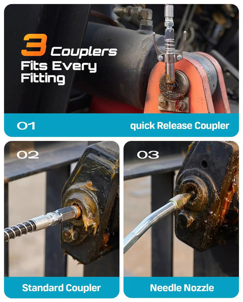Different couplers of the Cordless Electric Grease Gun Kit With 10000 PSI Output Quick Release Coupler 39.4 Inch Flex Hose shown.