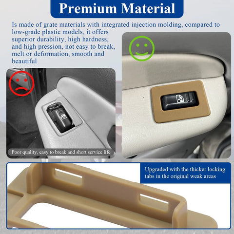 Tan Rear Power Window Switch Trim Replacement Cap Cover No Fuss 2 Pcs Fits Escalade Avalanche Silverado Tahoe Suburban Sierra Yukon 2000 To 2002 Driver And Passenger Side No Window Switch Included With Removal Tool, installed view showing premium material and fitment.