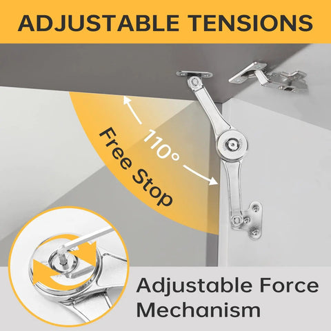 2 Pack Heavy Duty Lid Support Hinges With 110 Degree Free Stop, Tension Adjustable, installed on cabinet showing adjustable tension features.