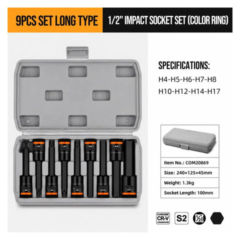 Solid Core S2 Steel 9 Piece Extended Hex Socket Bit Set For Impact Driver Fits Power Drill Rusted Bolts With Heavy Duty Grip And High Torque Performance For Serious DIY Jobs, 1/2 inch, case open