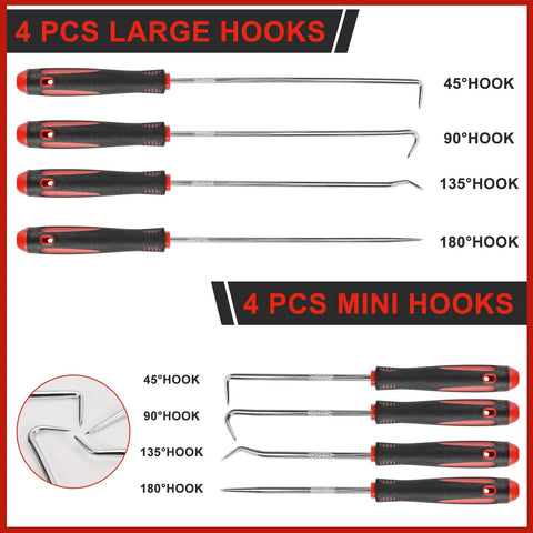 Eight Piece Precision Pick Set For Automotive Seals, O Rings, And Gaskets, Durable A45 Carbon Steel With Chrome Plated Finish, Easy Oil Seal Removal And Lock Ring Extraction Tools. 4 pcs large hooks and 4 pcs mini hooks, 45° to 180°