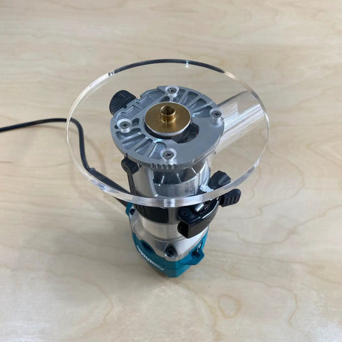 Six Inch Round Clear Acrylic Router Base Plate Straight Swap For RT0701C Or XTR01Z Models mounted on a compact router.