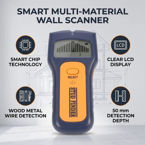 FTVOGUE Stud Finder Wall Scanner with Smart Chip LCD Display, showing buttons and LCD, designed for multi-material detection.