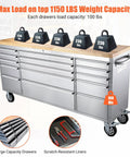 Heavy-Duty 72 Inch Mobile Tool Chest With Solid Wood Top Workbench, 15-Drawer Stainless Steel Rolling Cabinet Organizer For Garage, Home, Workshop And Repair Shop Built To Tackle Any Project, showing max load capacity.