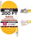 Heavy Duty 200 Foot Lighted Outdoor Extension Cord With 12/3 SJTW Wire Yellow 3 Prong 15 Amp Grounded Plug The Go To Power Extension For Landscaping Lawn Care Tools And Outdoor Projects closeup image