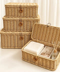 Heavy Duty Plastic Wicker Storage Basket With Lids Waterproof Woven Organizer Bins For Home Closet stacked with a lid open.