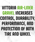 Text promoting Vittoria Air-Liner Gravel Insert benefits for tubeless-ready tires on gravel and MTB bikes.