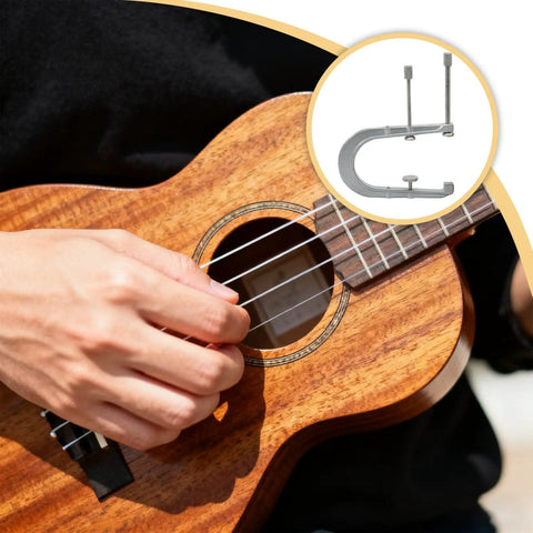 Six Inch Three Hole C Clamp For Acoustic Guitar And Ukulele Bridge Repair shown with a close-up of a wooden ukulele in use.
