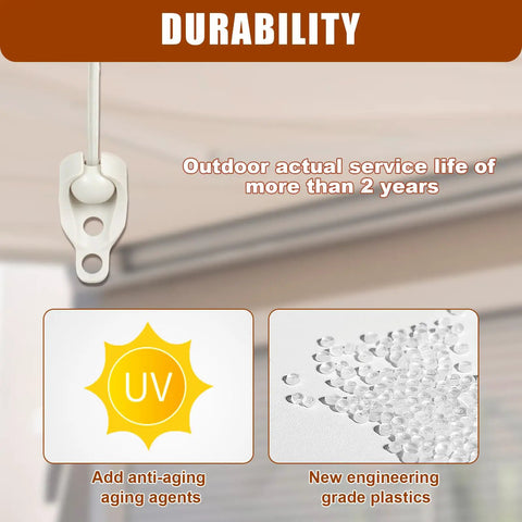 2 Pack Bungee Replacement Kit For Outdoor Sun Shades And Roller Blinds, focus on white bungee cord clip with durability text.