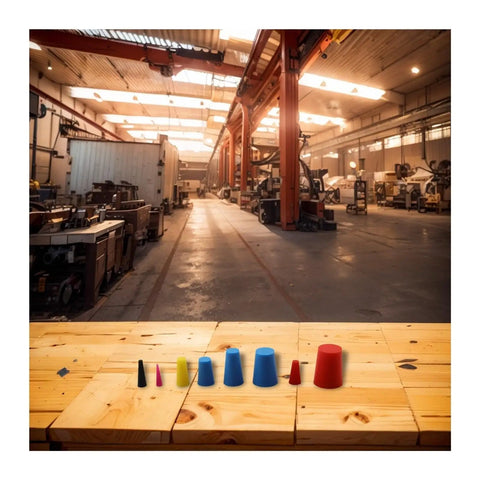 Solid Silicone Rubber Tapered Plugs Assortment Kit 125 Piece Heavy Duty Stopper Set For Painting Oiling And Hydraulic Impregnation Tasks That Hold Up To Heat And Wear Without Flaking Or Shrinking Out There. assorted colored silicone tapered plugs on workshop table