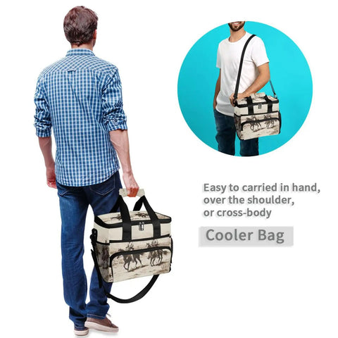 Man carrying Desert Cowboys Insulated Lunch Bag With Shoulder Strap Reusable Cooler Lunch Box, picnic hiking camping 15L, side mesh pockets