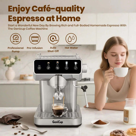 Espresso Machine With 20 Bar Pressure, Touchscreen Interface, Milk Frother And Hot Water in kitchen setting