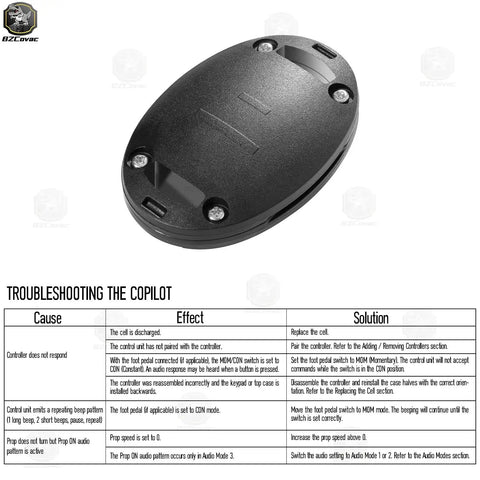 Replacement Unit For Co Pilot Equipped PowerDrive Trolling Motors top view with screws visible, troubleshooting table shown