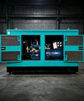 High Output Generator Set For Rock Solid Backup Power And Emergency Electricity Built Tough exterior view with open doors and visible engine.