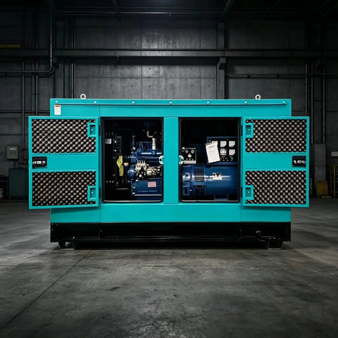 High Output Generator Set For Rock Solid Backup Power And Emergency Electricity Built Tough exterior view with open doors and visible engine.