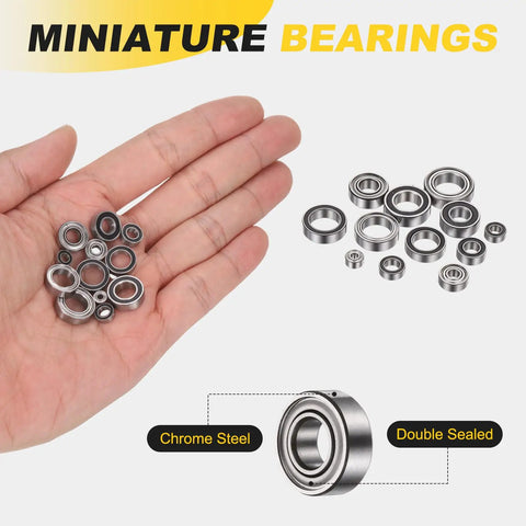Hand holding SMR115ZZ Deep Groove Ball Bearings 5x11x4mm 440C Stainless Steel Double Shielded ABEC 5 set for small motors.